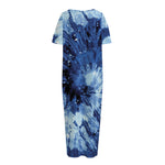 Blue And Black Tie Dye Print Short Sleeve Long Nightdress