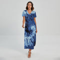 Blue And Black Tie Dye Print Short Sleeve Maxi Dress