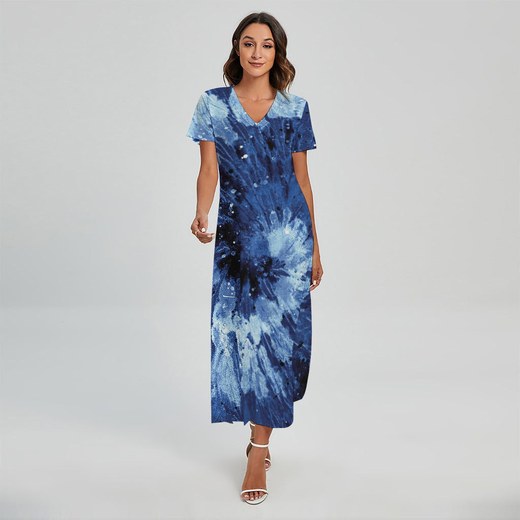 Blue And Black Tie Dye Print Short Sleeve Maxi Dress