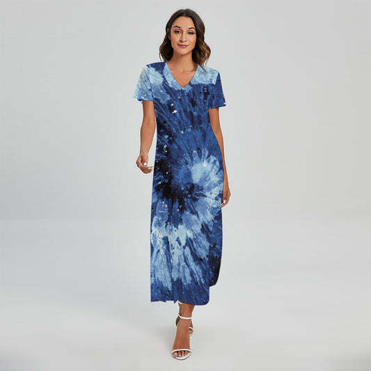 Blue And Black Tie Dye Print Short Sleeve Maxi Dress