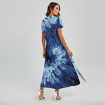 Blue And Black Tie Dye Print Short Sleeve Maxi Dress