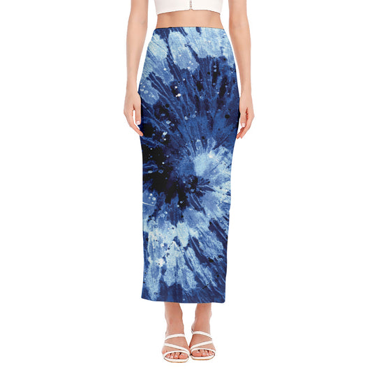Blue And Black Tie Dye Print Side Slit Maxi Skirt