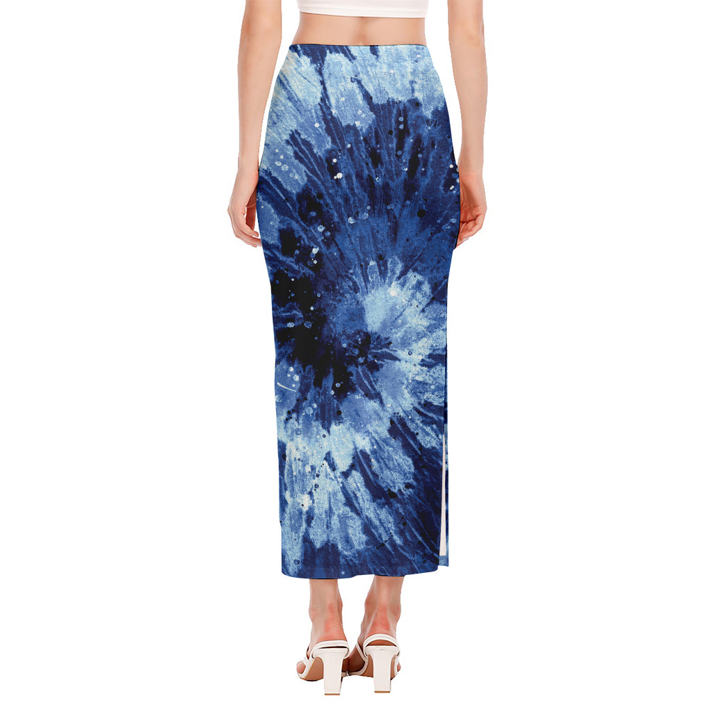 Blue And Black Tie Dye Print Side Slit Maxi Skirt
