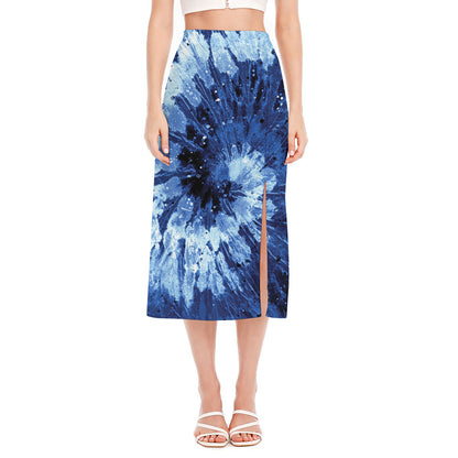 Blue And Black Tie Dye Print Side Slit Midi Skirt