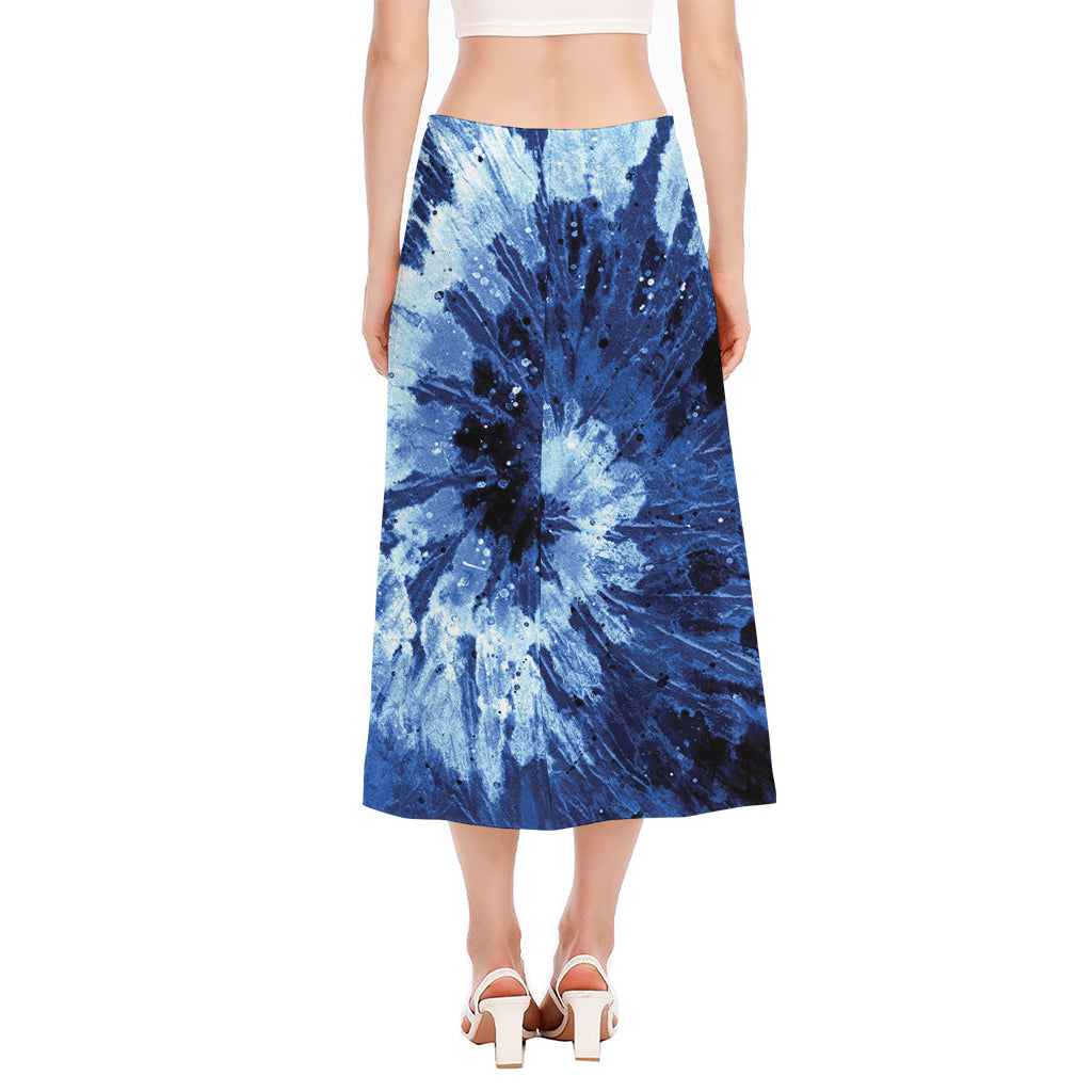 Blue And Black Tie Dye Print Side Slit Midi Skirt