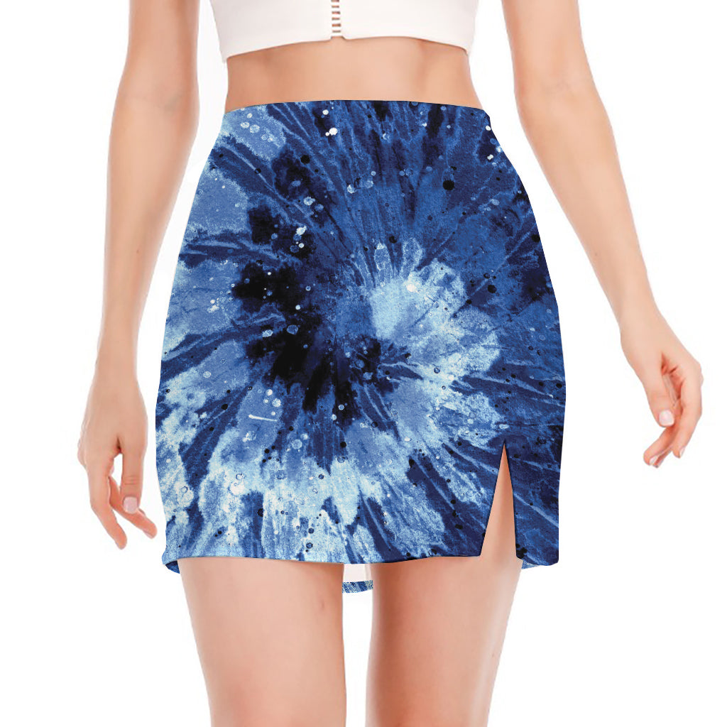 Blue And Black Tie Dye Print Side Slit Mini Skirt