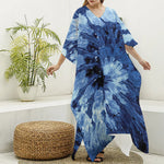 Blue And Black Tie Dye Print Silk V-Neck Kaftan Dress