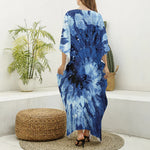 Blue And Black Tie Dye Print Silk V-Neck Kaftan Dress