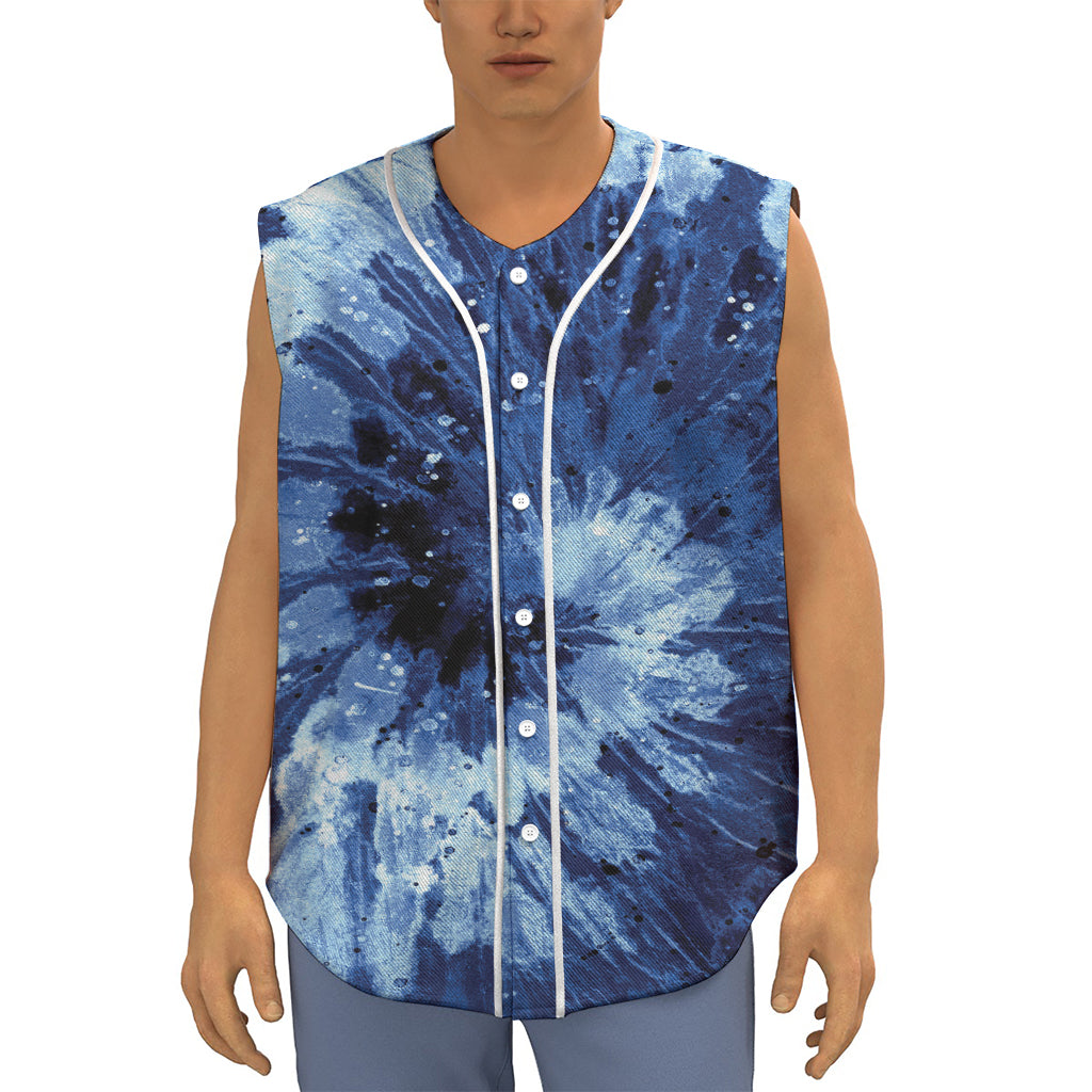 Blue And Black Tie Dye Print Sleeveless Baseball Jersey
