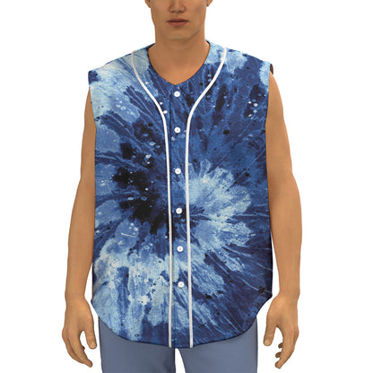 Blue And Black Tie Dye Print Sleeveless Baseball Jersey