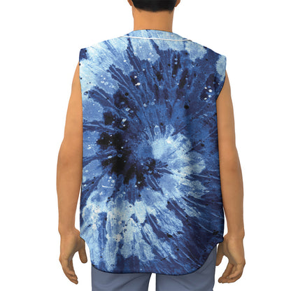 Blue And Black Tie Dye Print Sleeveless Baseball Jersey