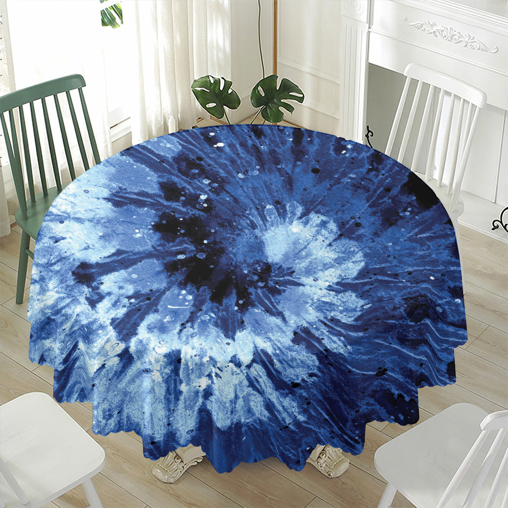 Blue And Black Tie Dye Print Waterproof Round Tablecloth