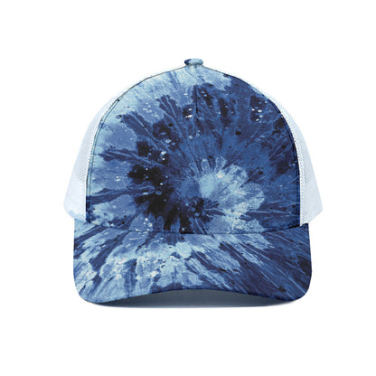 Blue And Black Tie Dye Print White Mesh Trucker Cap