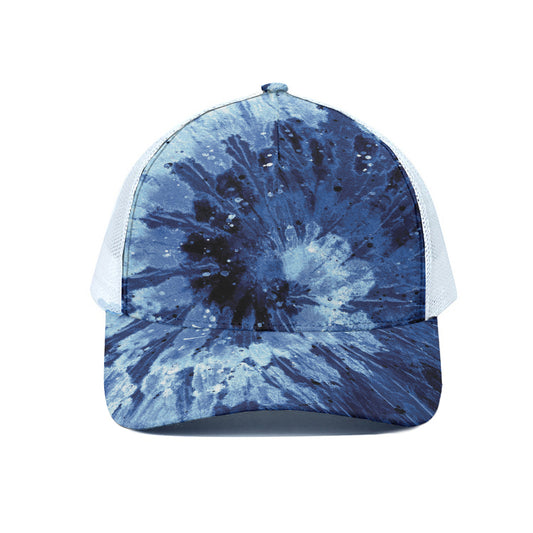 Blue And Black Tie Dye Print White Mesh Trucker Cap