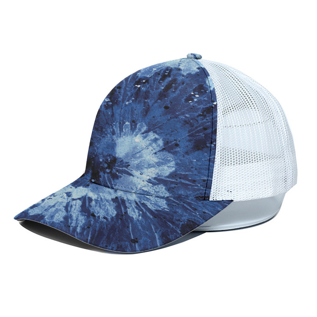 Blue And Black Tie Dye Print White Mesh Trucker Cap