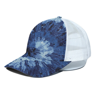 Blue And Black Tie Dye Print White Mesh Trucker Cap
