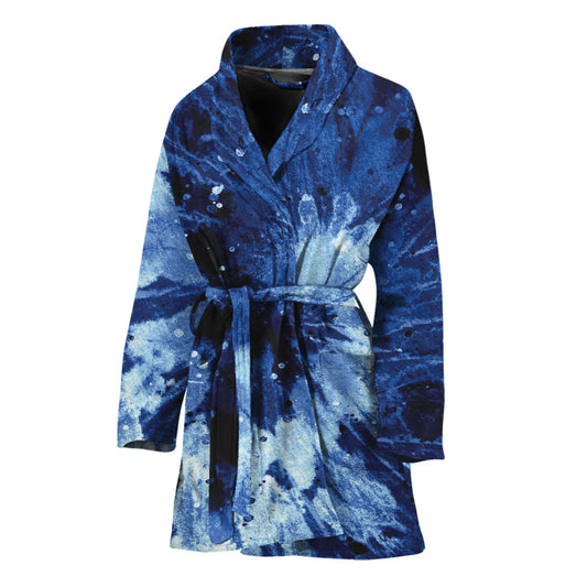 Blue And Black Tie Dye Print Women's Bathrobe
