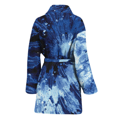 Blue And Black Tie Dye Print Women's Bathrobe