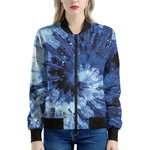 Blue And Black Tie Dye Print Women's Bomber Jacket