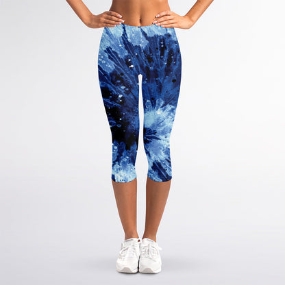 Blue And Black Tie Dye Print Women's Capri Leggings
