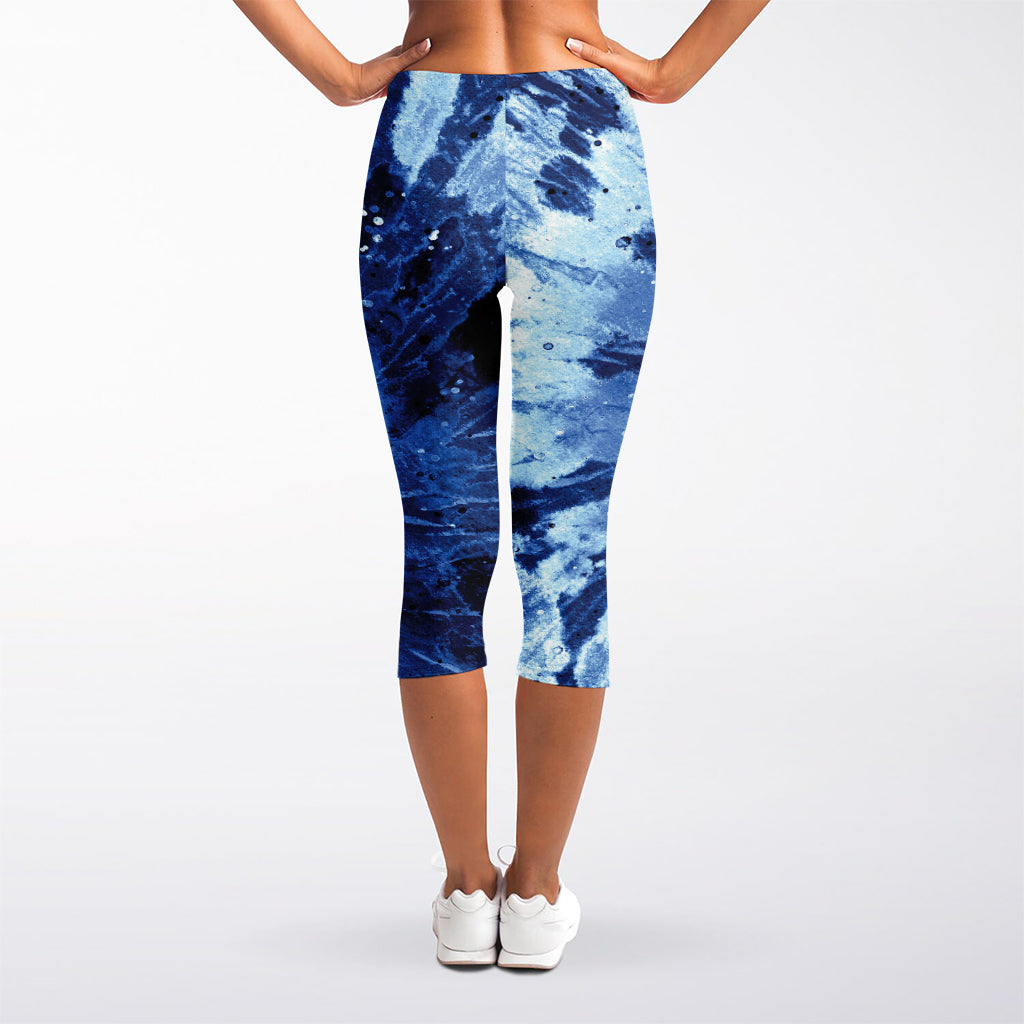 Blue And Black Tie Dye Print Women's Capri Leggings