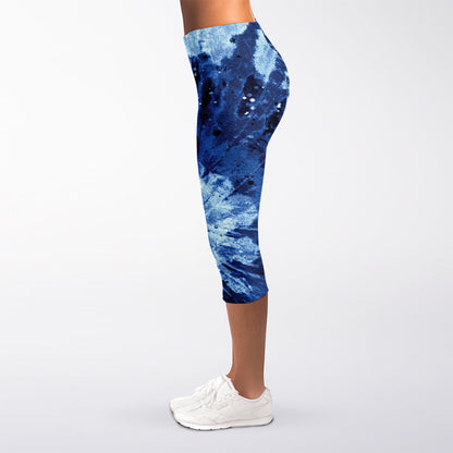 Blue And Black Tie Dye Print Women's Capri Leggings