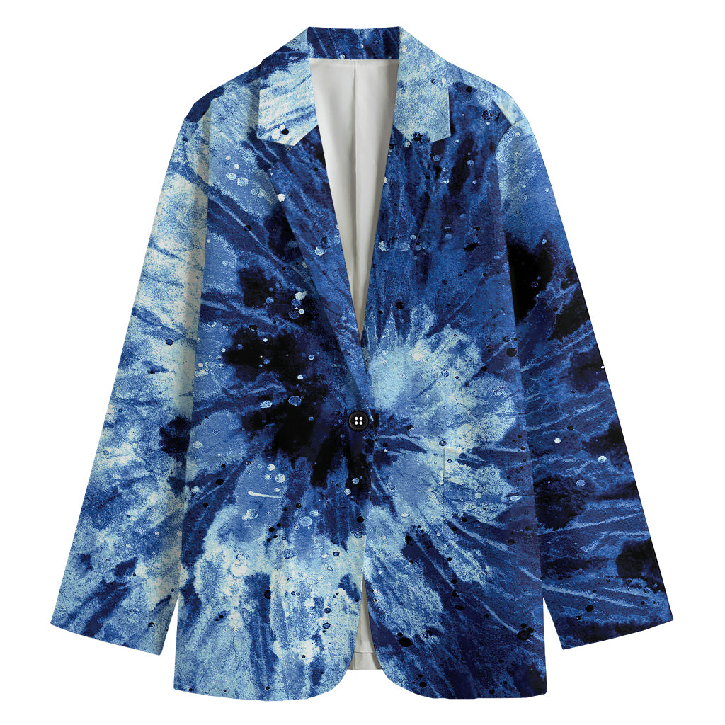 Blue And Black Tie Dye Print Women's Cotton Blazer