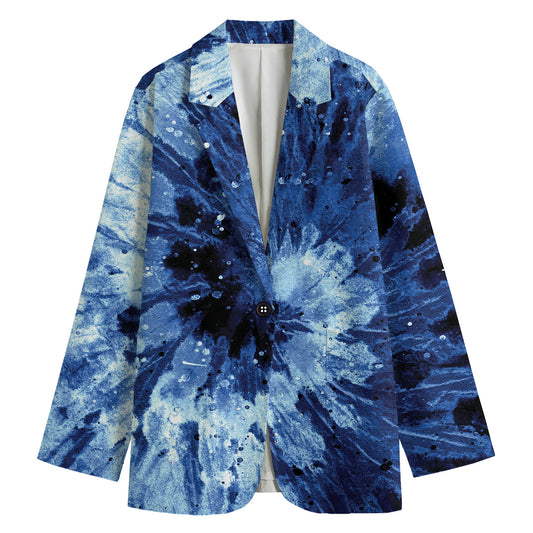 Blue And Black Tie Dye Print Women's Cotton Blazer