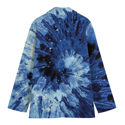 Blue And Black Tie Dye Print Women's Cotton Blazer