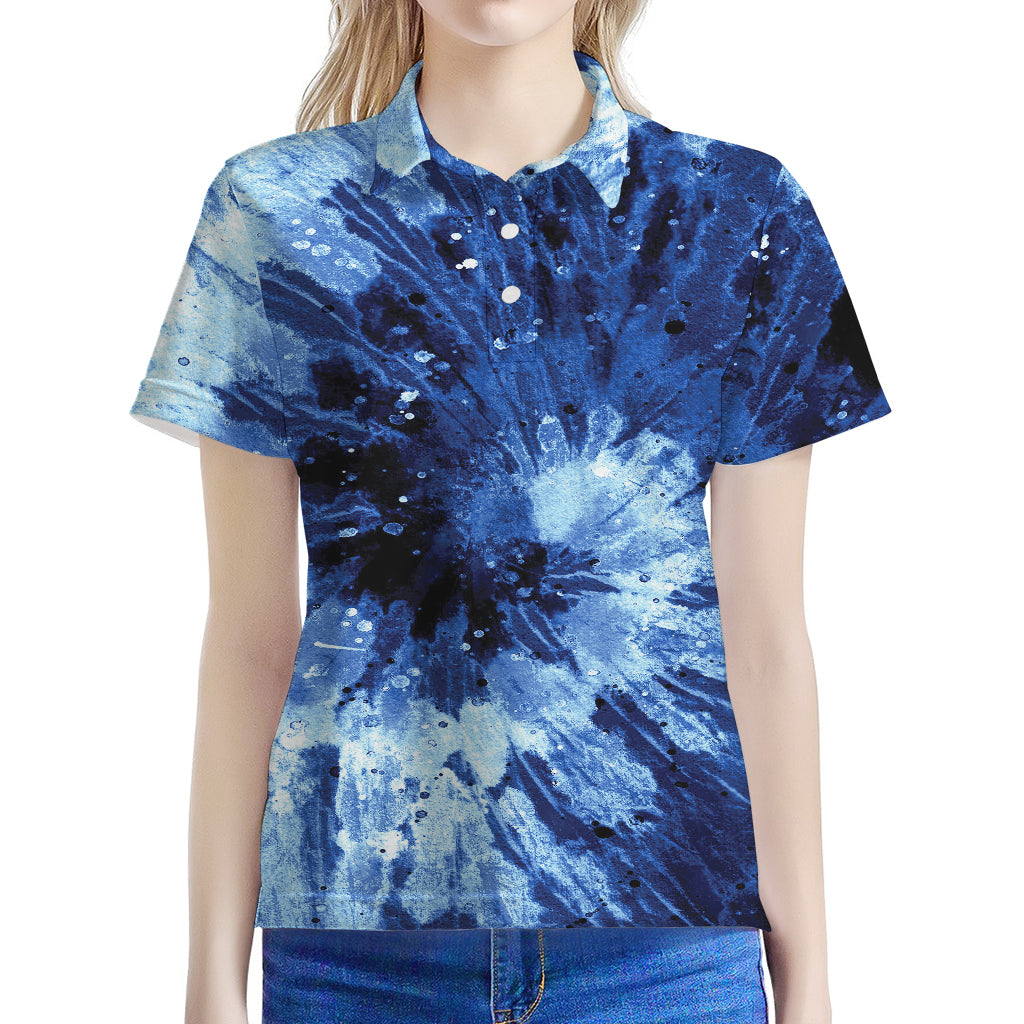 Blue And Black Tie Dye Print Women's Polo Shirt