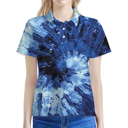 Blue And Black Tie Dye Print Women's Polo Shirt