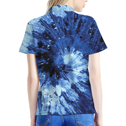 Blue And Black Tie Dye Print Women's Polo Shirt