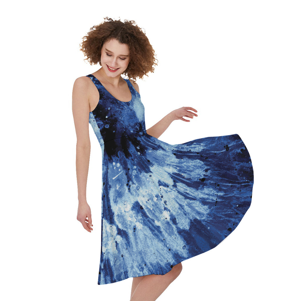 Blue And Black Tie Dye Print Women's Sleeveless Dress