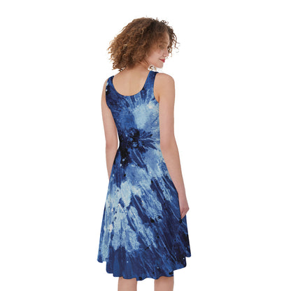 Blue And Black Tie Dye Print Women's Sleeveless Dress