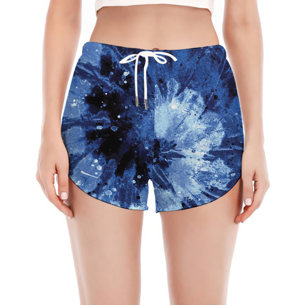 Blue And Black Tie Dye Print Women's Split Running Shorts
