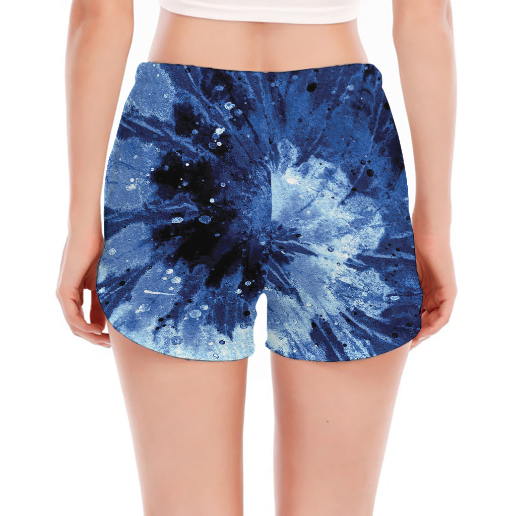 Blue And Black Tie Dye Print Women's Split Running Shorts