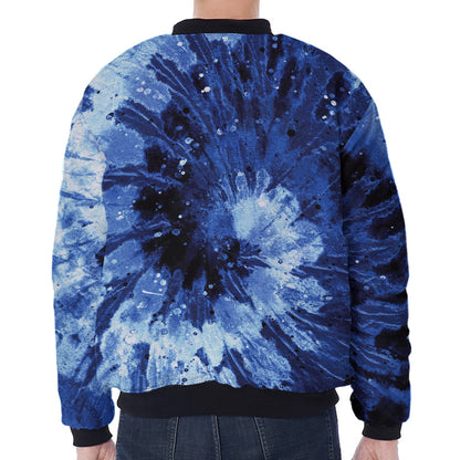 Blue And Black Tie Dye Print Zip Sleeve Bomber Jacket