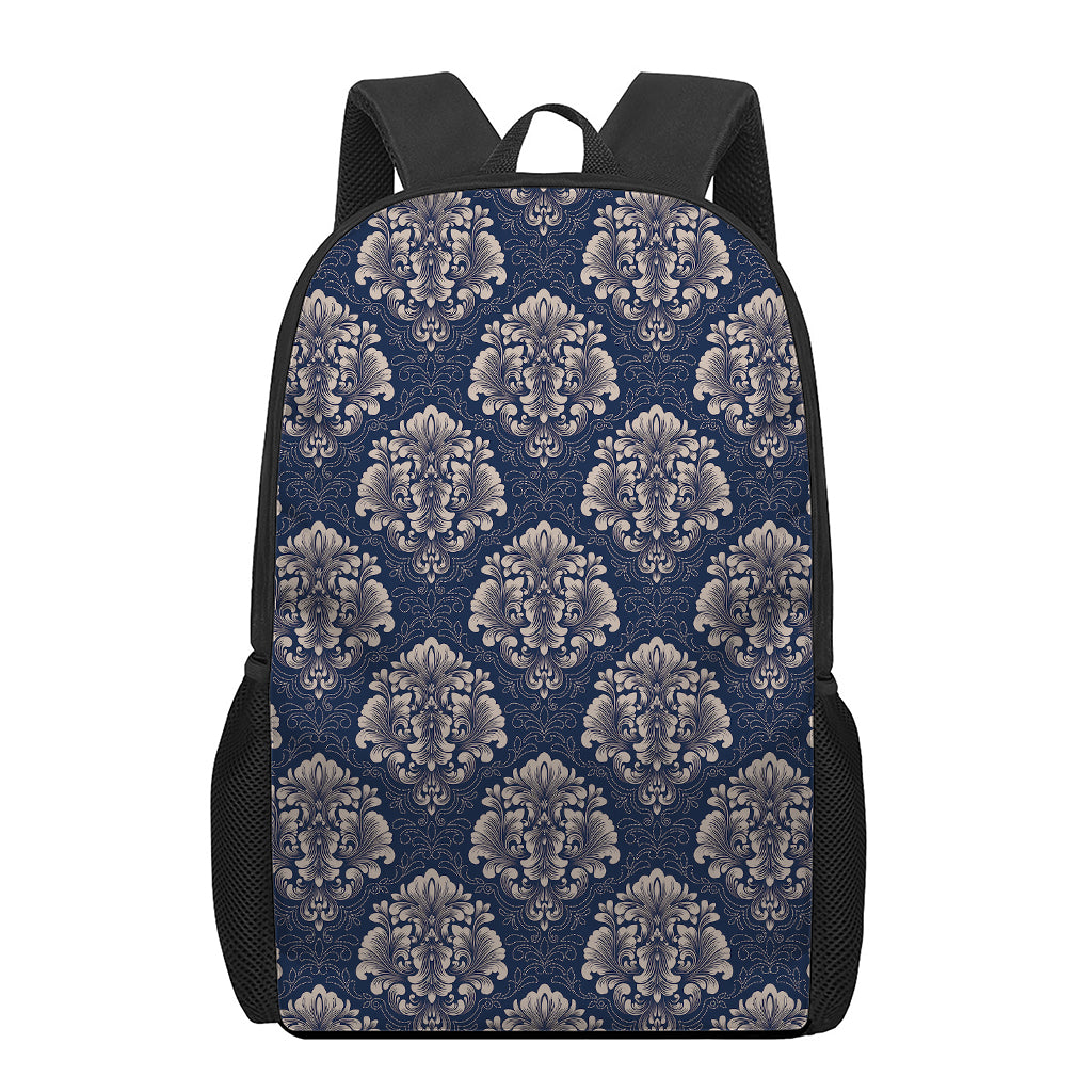 Blue And Brown Damask Pattern Print 17 Inch Backpack