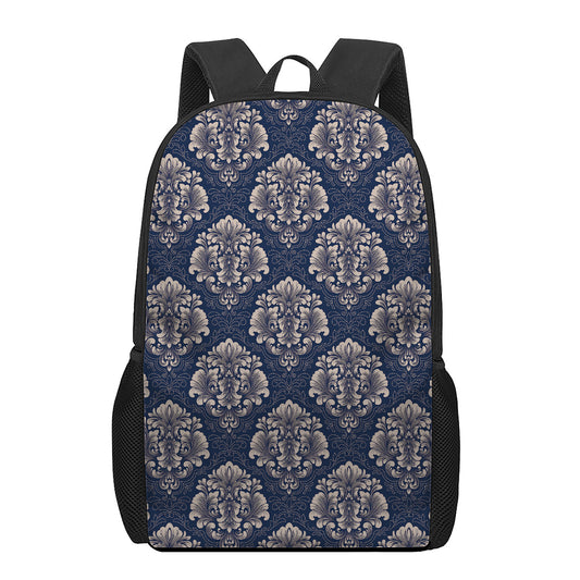 Blue And Brown Damask Pattern Print 17 Inch Backpack