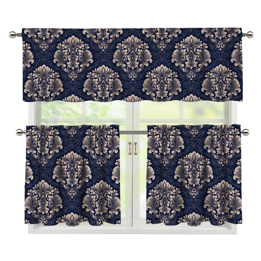 Blue And Brown Damask Pattern Print 3 Piece Kitchen Curtains