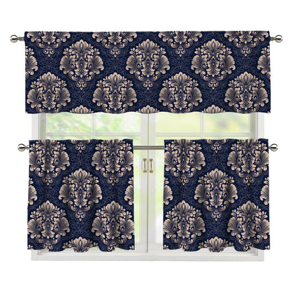 Blue And Brown Damask Pattern Print 3 Piece Kitchen Curtains