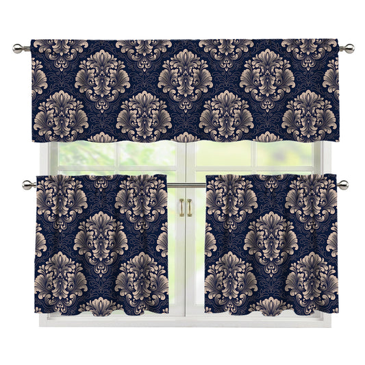 Blue And Brown Damask Pattern Print 3 Piece Kitchen Curtains