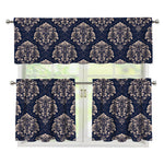 Blue And Brown Damask Pattern Print 3 Piece Kitchen Curtains