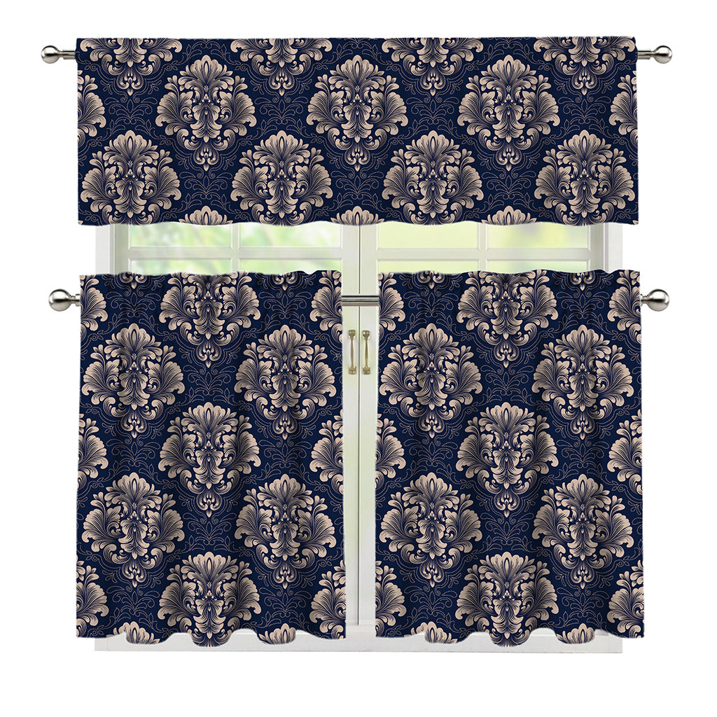 Blue And Brown Damask Pattern Print 3 Piece Kitchen Curtains