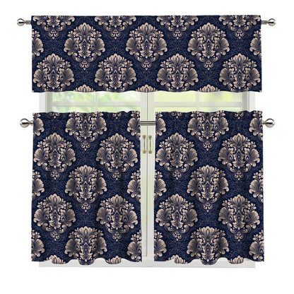 Blue And Brown Damask Pattern Print 3 Piece Kitchen Curtains