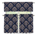 Blue And Brown Damask Pattern Print 3 Piece Kitchen Curtains