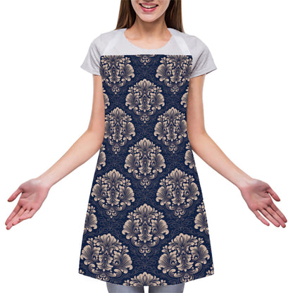 Blue And Brown Damask Pattern Print Adjustable Apron