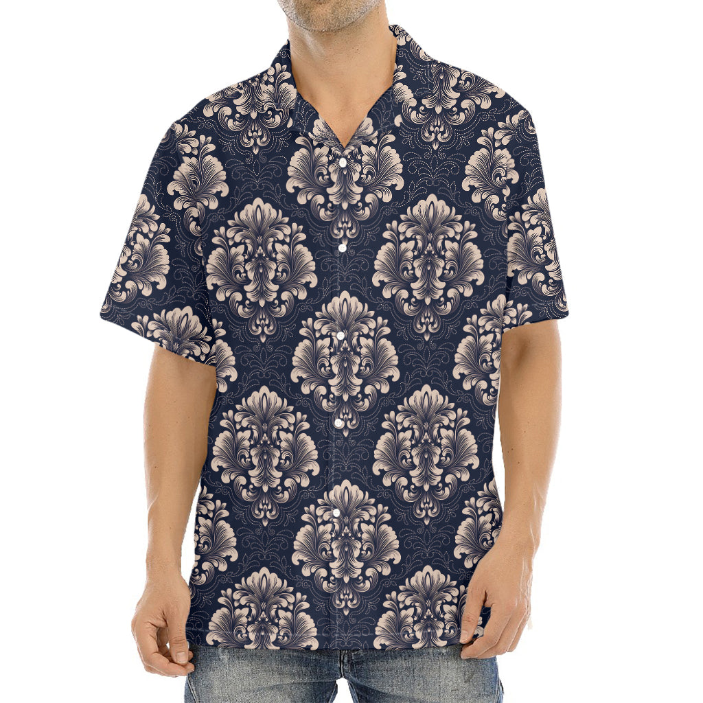 Blue And Brown Damask Pattern Print Aloha Shirt