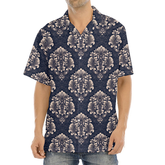 Blue And Brown Damask Pattern Print Aloha Shirt