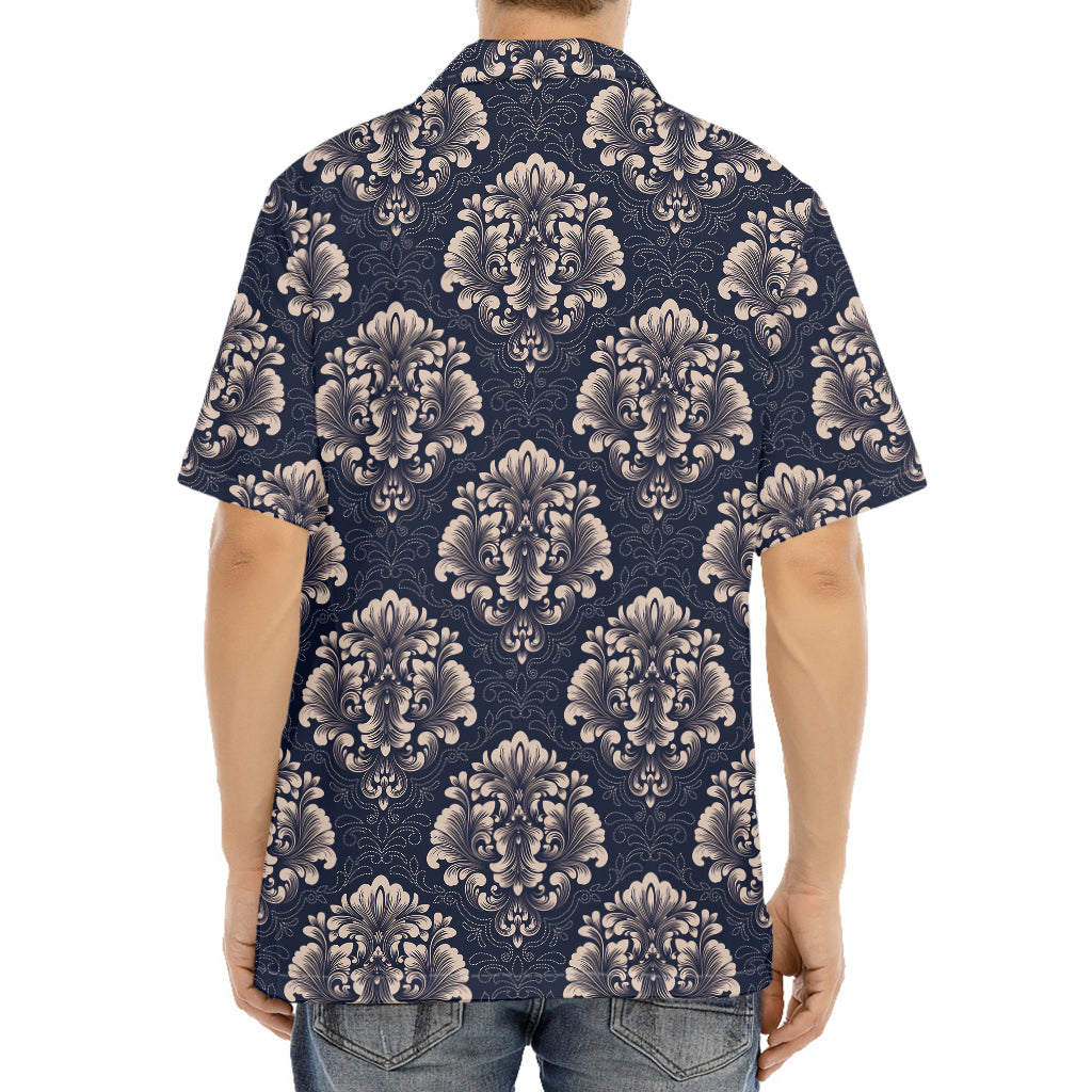 Blue And Brown Damask Pattern Print Aloha Shirt